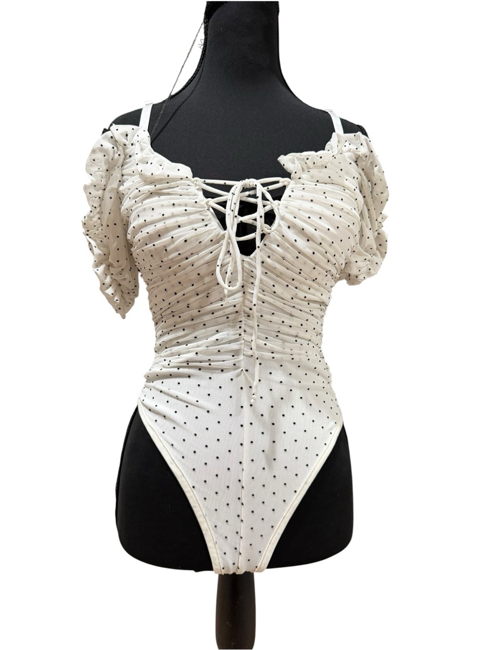 Fashion Nova Polka Dot Ruched Lace Up Ruffle Bodysuit Small - Picture 2 of 5